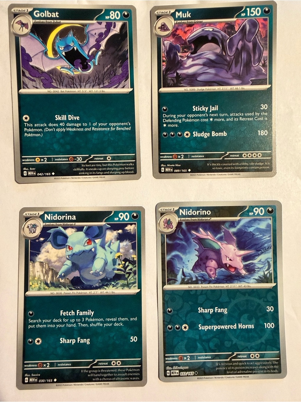 4 Pokémon Cards - Stage 1 - Golbat - Muk - Nidorina - Nidorino